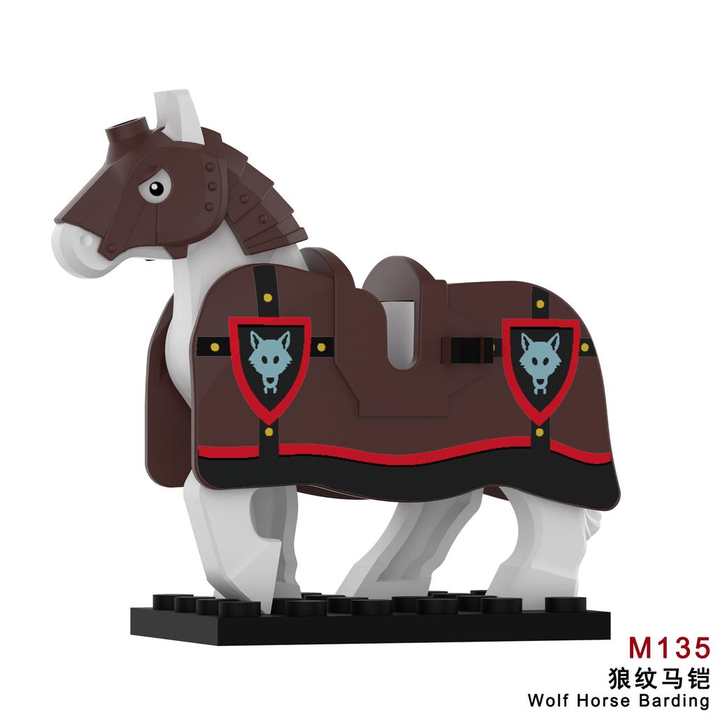 1pcs Medieval Horses Grey Bodies Blue Saddle Blankets White Horse Emblems Yellow Trims Building Block