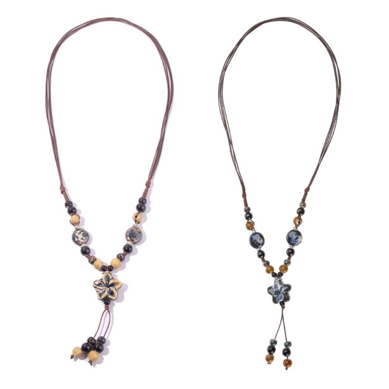 Bohemian Flower Colorful Ceramic Bead Necklace Tricolor-Beaded Jewelry Flower Tassel Choker Chain Jewelry Gift for Women