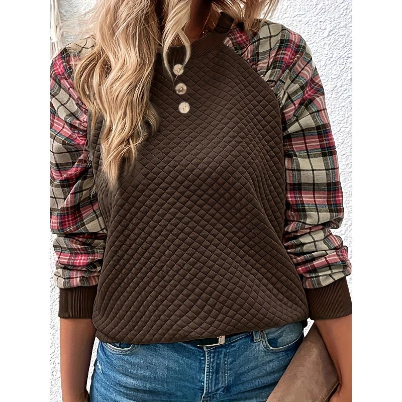 

women s Quilted Plaid Patchwork Button Crew Neck Long Sleeve Loose Casual Sweatshirt Top S коричневый