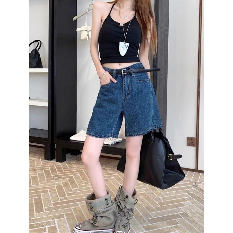 Kumikumi Retro Washed Distressed Jeans Women Summer New Versatile Loose Straight Pants Wide Leg Pants Shorts