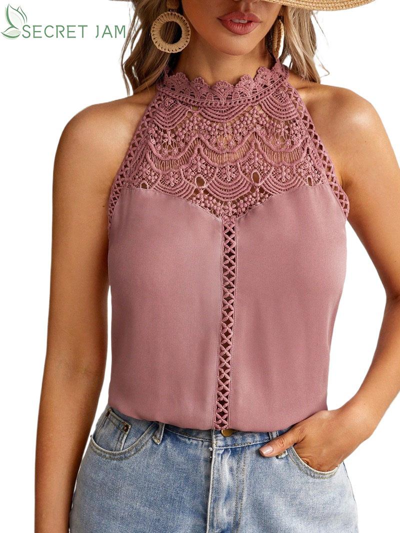 

Secret Jam Элегантная женская рубашка без рукавов Летняя мода Полый кружевной стиль Майка для женщин Топы Блузки размера плюс