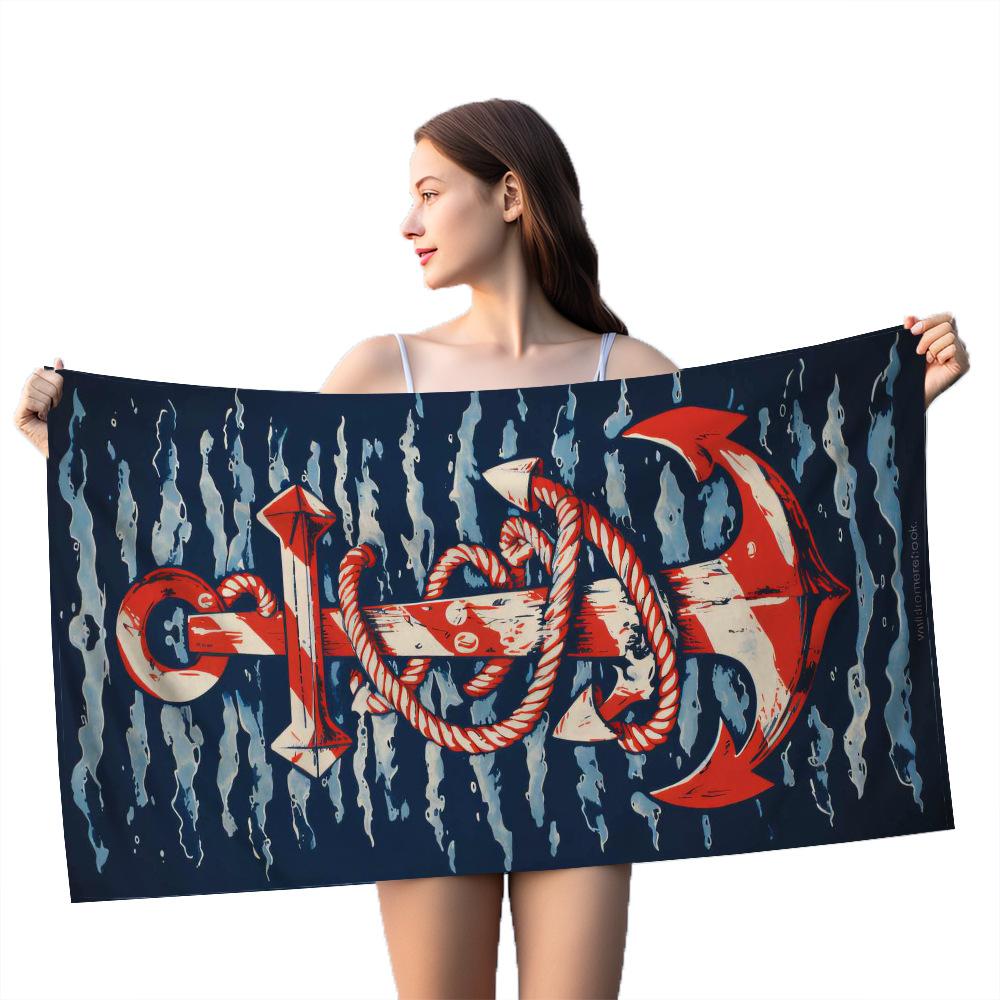 Nordic painted ship anchor digital-printed polyester Superfine fiber double-sided fleece Beach vacation bath towel, beach towel