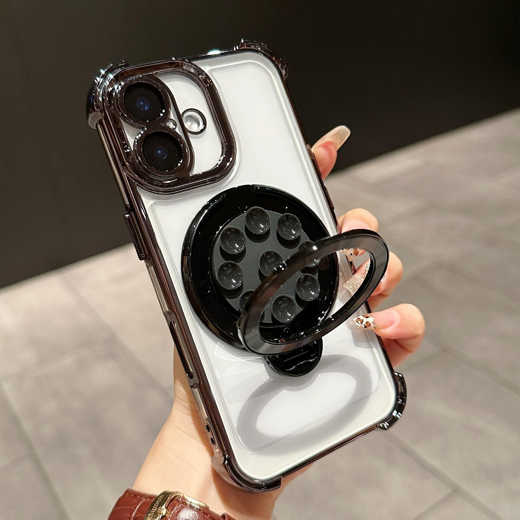

For iPhone 16 Plus Magnetic Case Suction Cup Kickstand PC Phone Cover with Four Corner Airbag Black