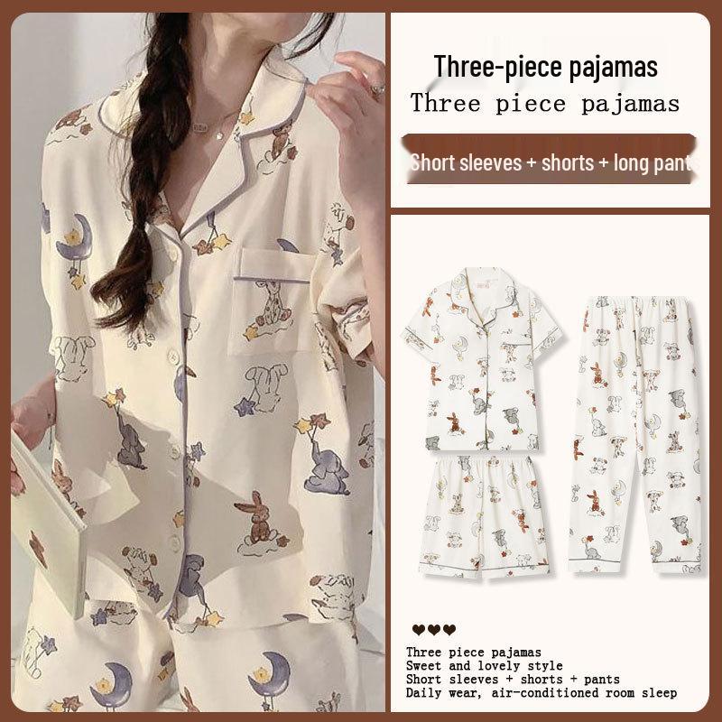 Summer Fashion Pajamas: Women's Short Sleeve Three-Piece Set with Cartoon Pacha Dog Design, Suitable for Home or Outdoors