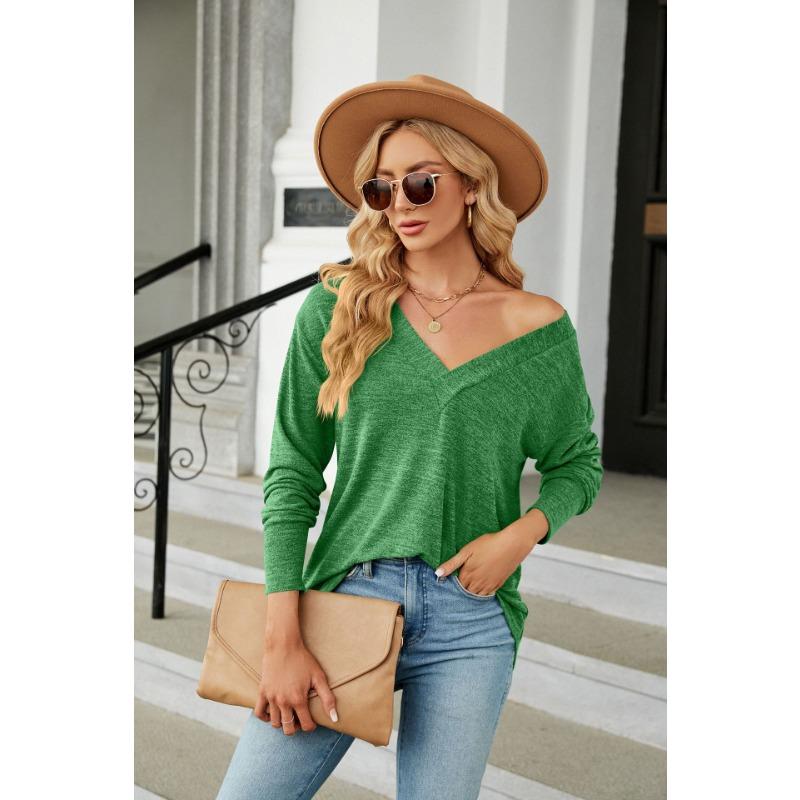 Vår og høst kvinners bluse ensfarget V-hals løs uformell langermet topp