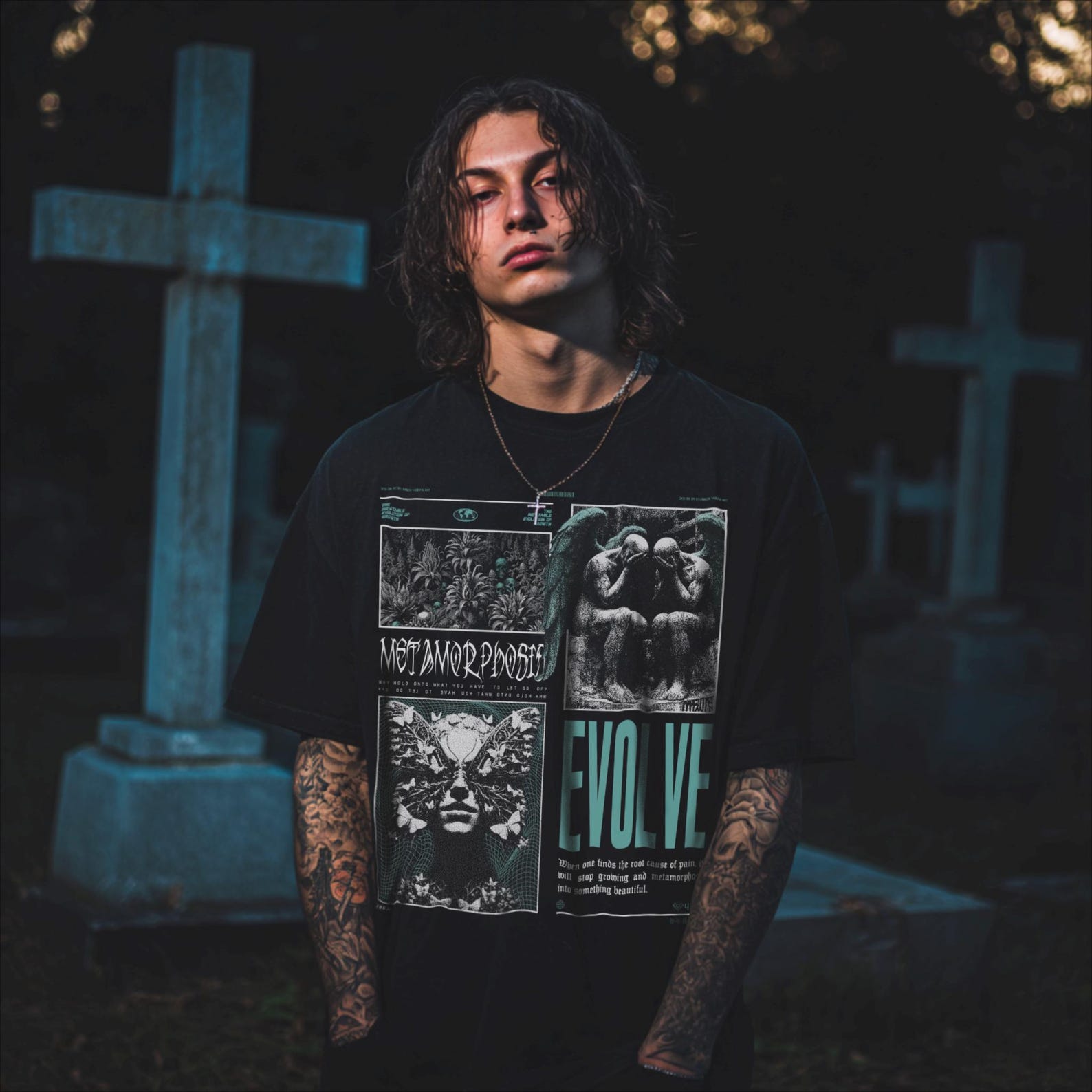 Metamorphosis Graphic Tee: Brutalist Angels, Gothic Plants, Heavy Metal Style L
