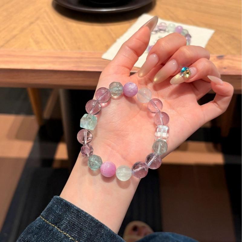 Handmade Natural Amethyst Green Fluorite Kunzite Clear Quartz Cube Bead Bracelet Women Lightweight Luxury Style