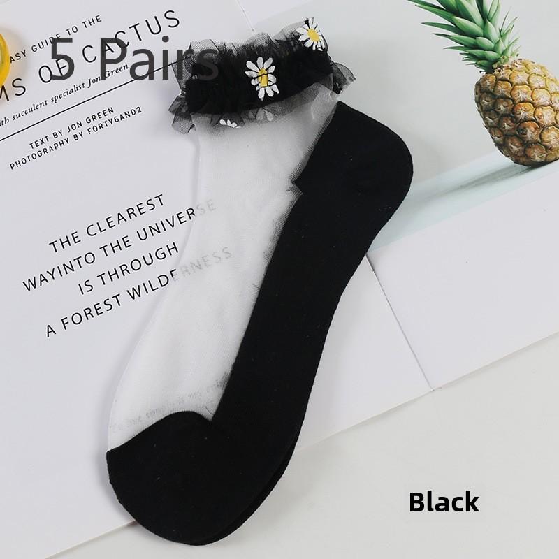 5 Pairs Spring/Summer Glass Wire Boat Socks Sewn with Daisy Lace Transparent Silk Women's Boat Socks