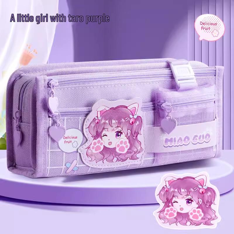 Kaba Bear Cartoon Multi-Layer Flip Cover Pencil Case for Girls - Large Capacity, Cute Design for Primary Students.