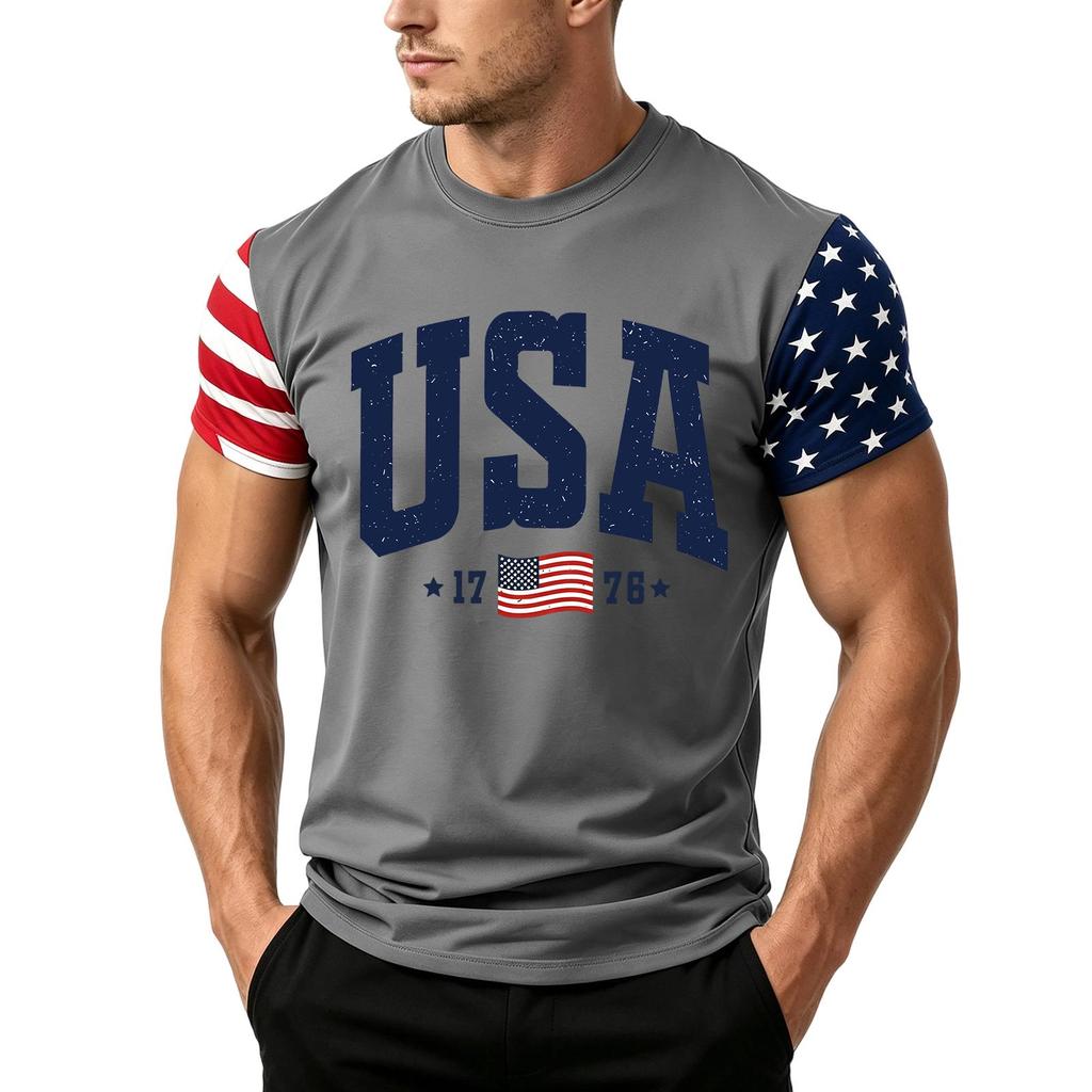 Men's Independence Day Flag Print Short Sleeve T-Shirt, Loose Casual Daily Summer Tops