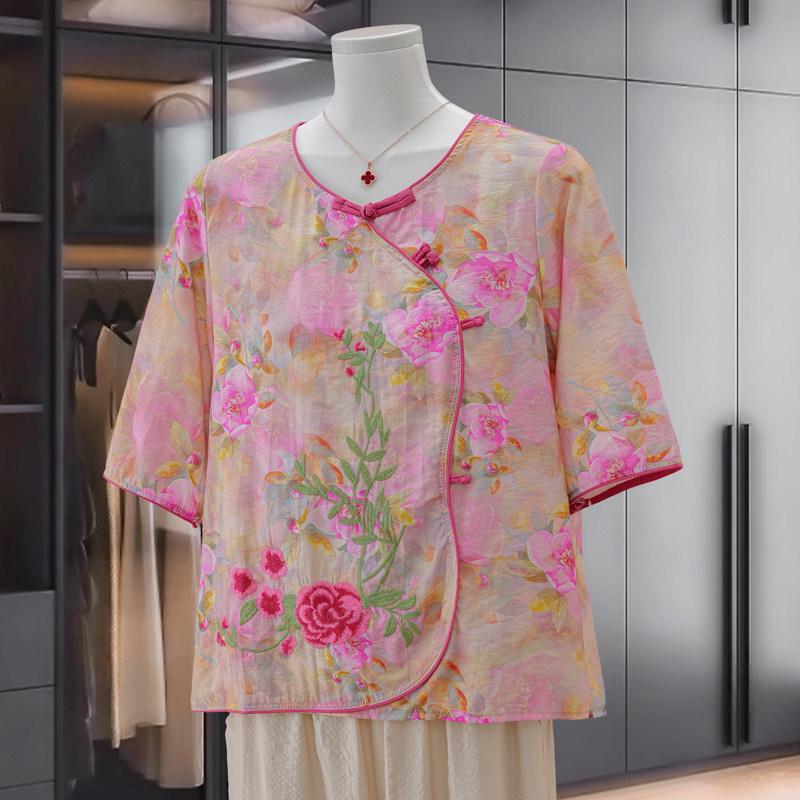 

2026 Stylish Embroidered Chiffon Top for Middle-Aged Women - Chinese Style Summer Short-Sleeve T-Shirt 4XL - recommends 135-150 jin розовый