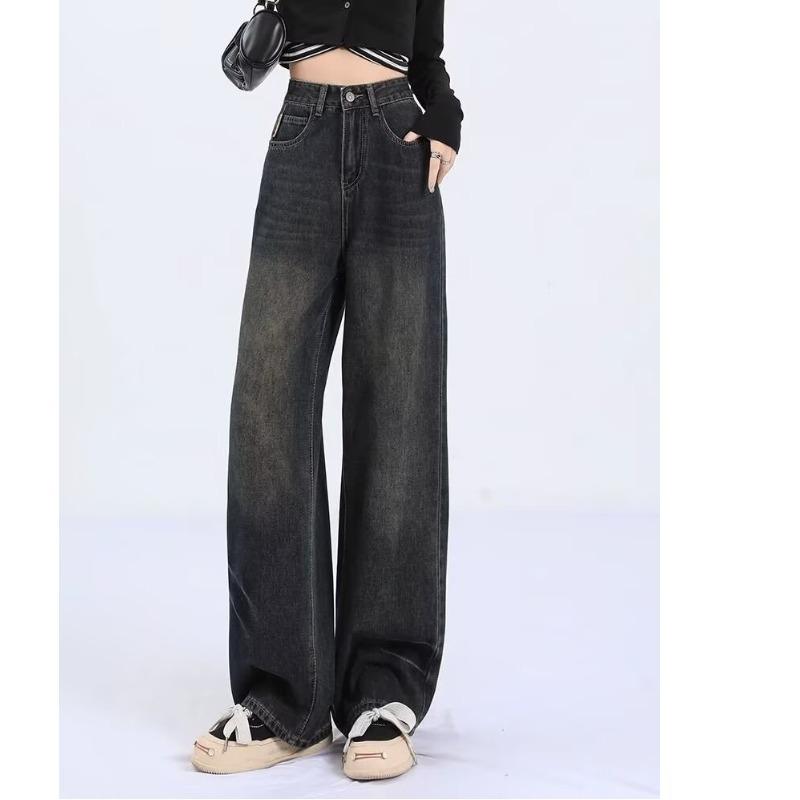 Dark Wash Wide-Leg Jeans for Women - American Retro Plus Size Flared Trousers