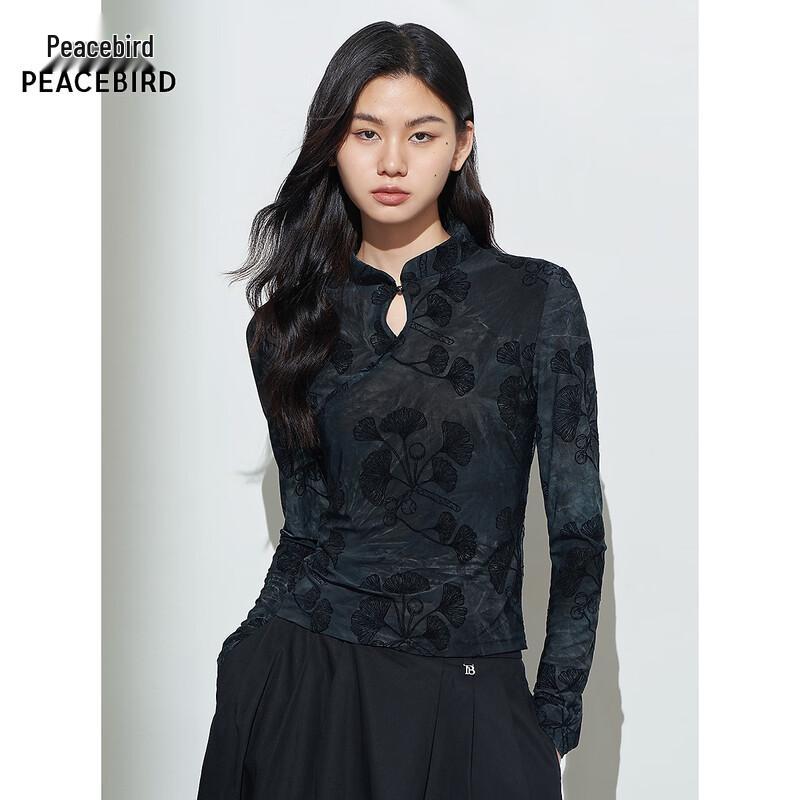 Peacebird Women s Chinese Style Flocked Long Sleeve T-Shirt M