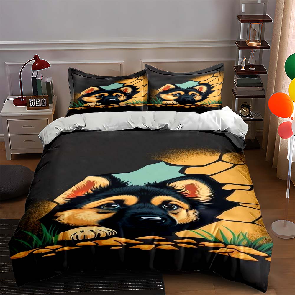 

German Shepherd, stone wall backdrop. Bedding sets Duvet cover sets Duvet covers Pillowcases(1 * Duvet Cover 2 * Pillowcases, without duvet insert) 135x200cm