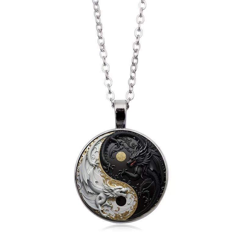 Retro Yin Yang Dragon Design Glass Pendant Necklace for Men Women Jewelry Accessories Birthday Gift