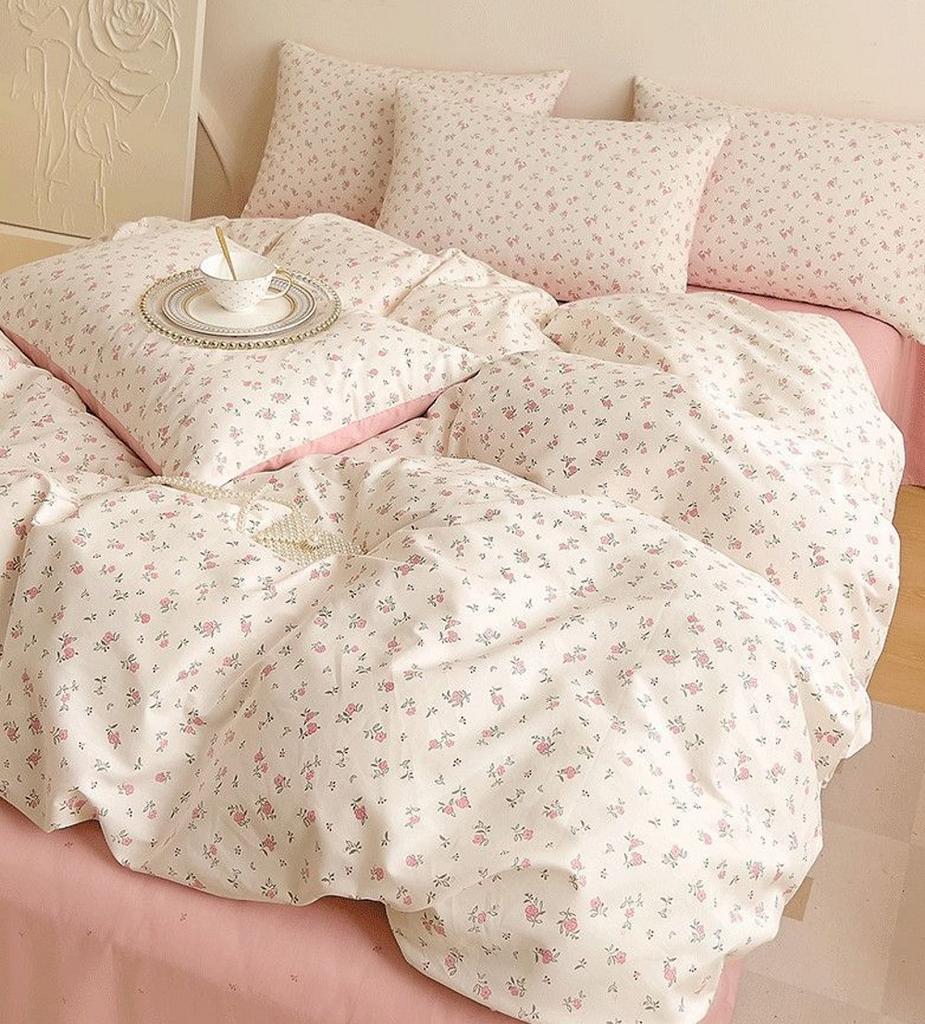 Pink Flowers Duvet Cover Set Ins Fashion Single Queen Size Girls Boys Flat Sheet Pillowcase No Filler Home Decor Bedding Set