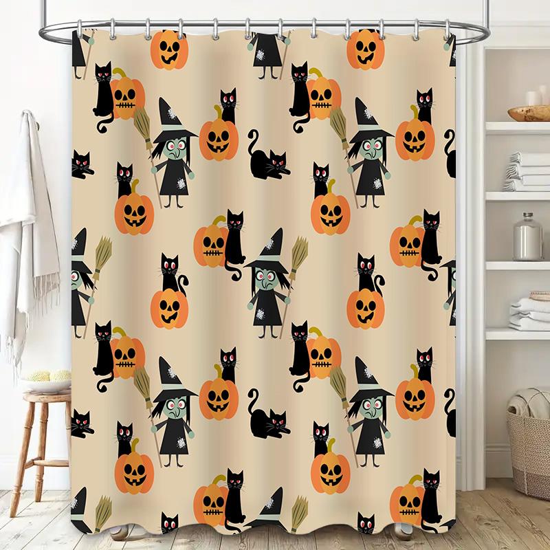Halloween-themed shower curtain with witch cat pattern for home decor in bathroom accessories