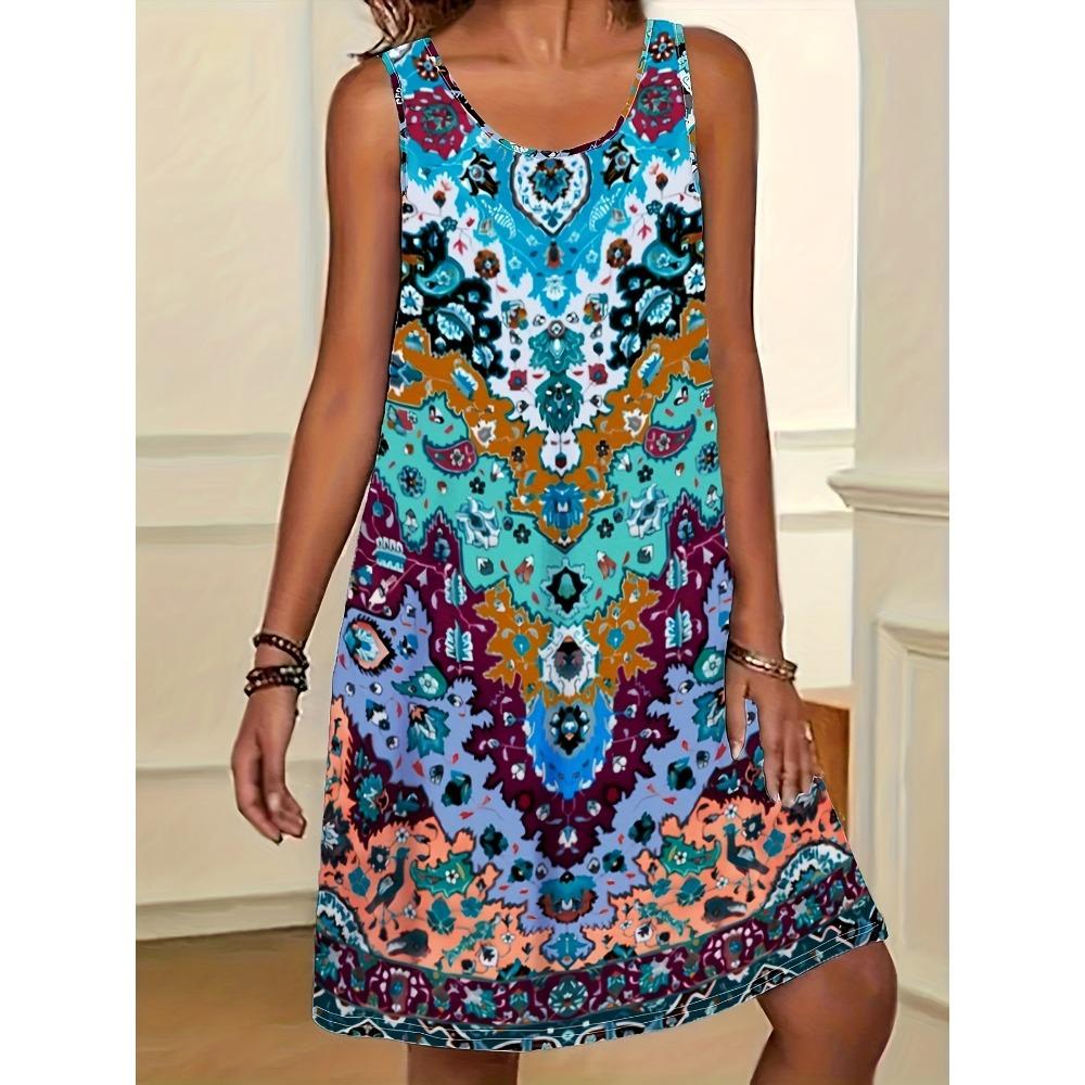 Robe d'été bohème sans manches à col rond pour femme, coupe évasée, longueur genou, vêtements féminins, robe midi florale décontractée