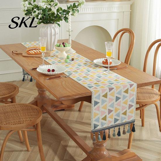 Geometric Pattern Table Runner Jacquard Runner, Colorful Triangles Vintage Floral with Tassel Edges for Home Farmhouse Dining Decor Sturdy Stitched