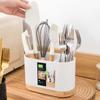 Kitchen Tableware Storage Bucket Utensil Holder Cutlery Drainer Plastic Chopstick Spoon Storage Rack with Wooden Base