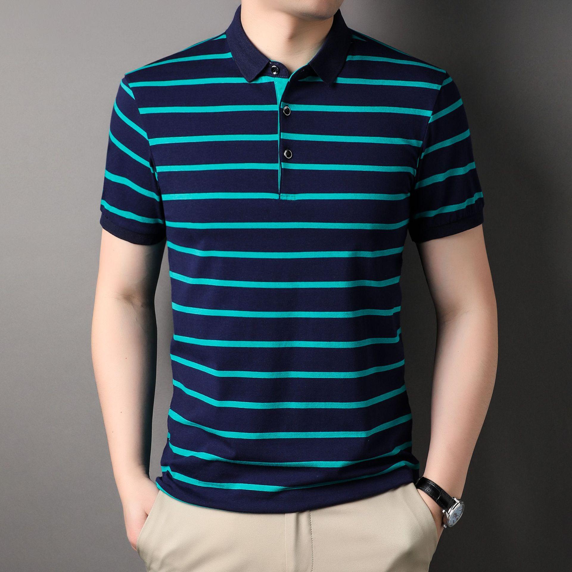 

Мужская полосатая рубашка-поло с короткими рукавами, футболка с лацканами, летняя деловая трендовая рубашка для отдыха с воротником, молодежный топ с половиной рукава XXXL