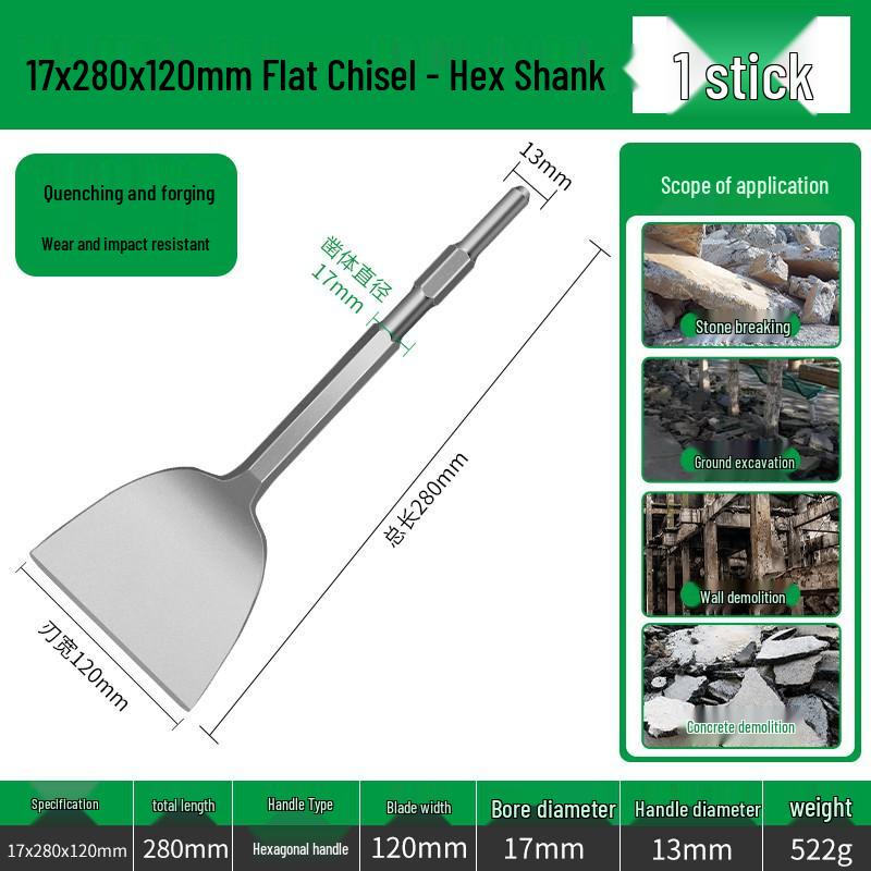 Electric Hammer Drill Bit Set: Square/Round/Hex Shanks, Ultra-Thin Flat/Point Chisel, Shovel, Slotted Wall-Cutting Chisel Head.