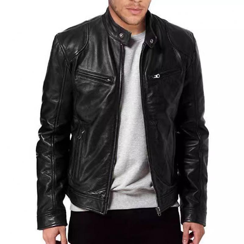 Men Stand Collar Punk Motorcycle Leather Jacket Casual Outerwear For Young Men