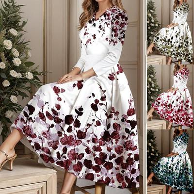 Women's Fashion Spring Fall Flower Pattern Print Long Sleeve O-Neck Middle Waistline Casual Dresses