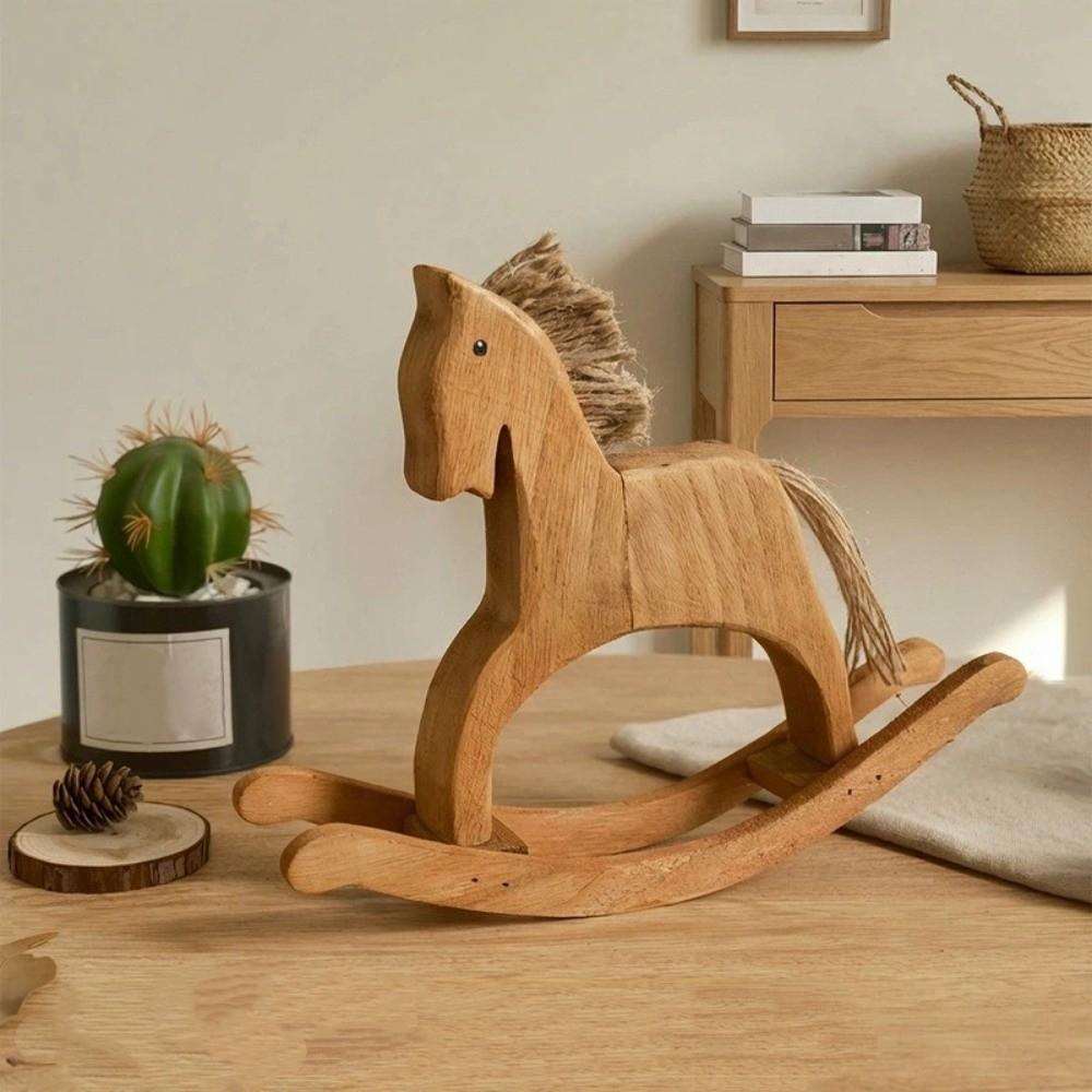 Handmade Rocking Horse Ornaments Retro Style Lifelike Rocking Horse Statue Hand Carved Decorative Animal Sculpture Bedroom