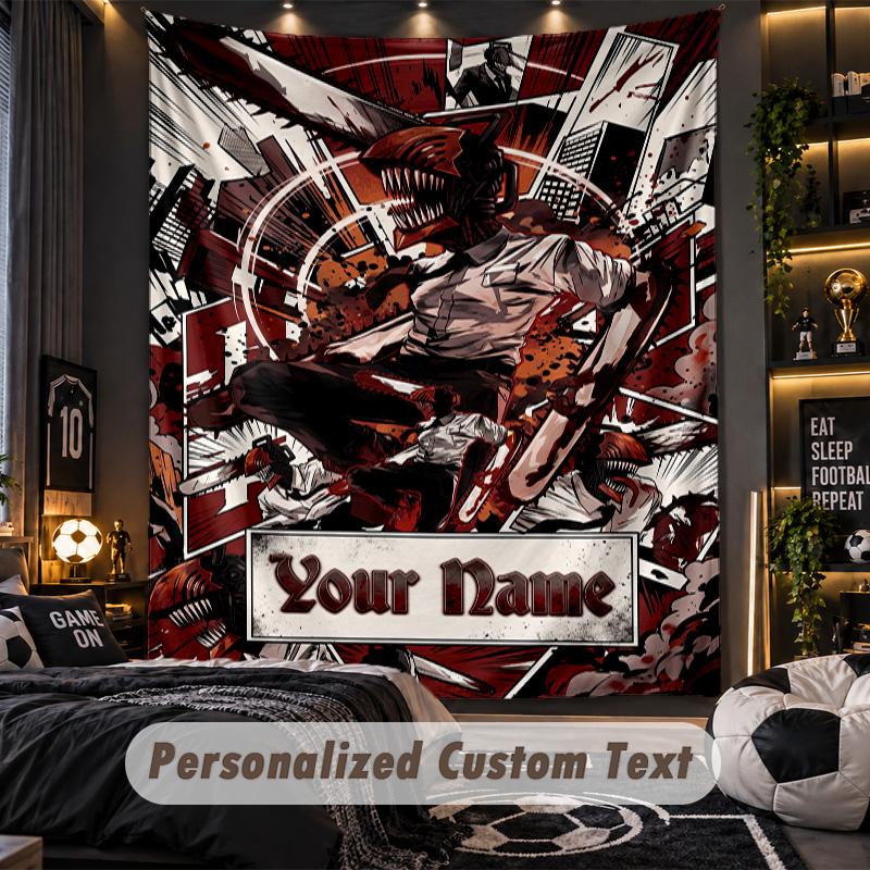 Personalized Wall Tapestry,Chainsaw Man Custom Printed Name, Fabric Wall Art For Indoor Room Backdrop