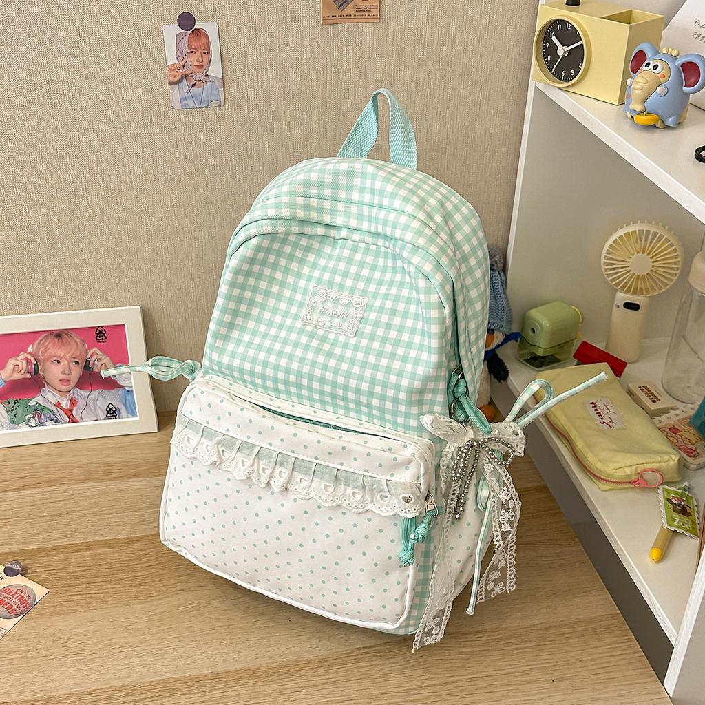 Schoolbag Korean Sweet Plaid Backpack Female Junior High School High School Student School Bag Lace Large Capacity Lightweight Backpack