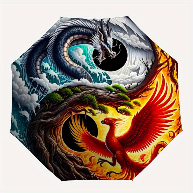 1pc Yin Yang Dragon Phoenix Auto-Open Close Umbrella: Portable Folding Design, 8-Bone Iron Frame, Outdoor, Festival Gift for Fans, Travelers, Dai