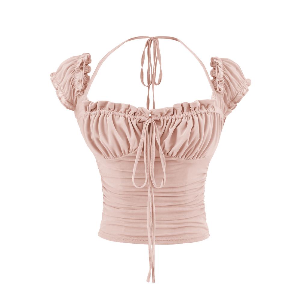 Neck lace-up short-sleeved T-shirt women's summer new American Spice Girls pure desire one-word collar slim-fitting and thin top