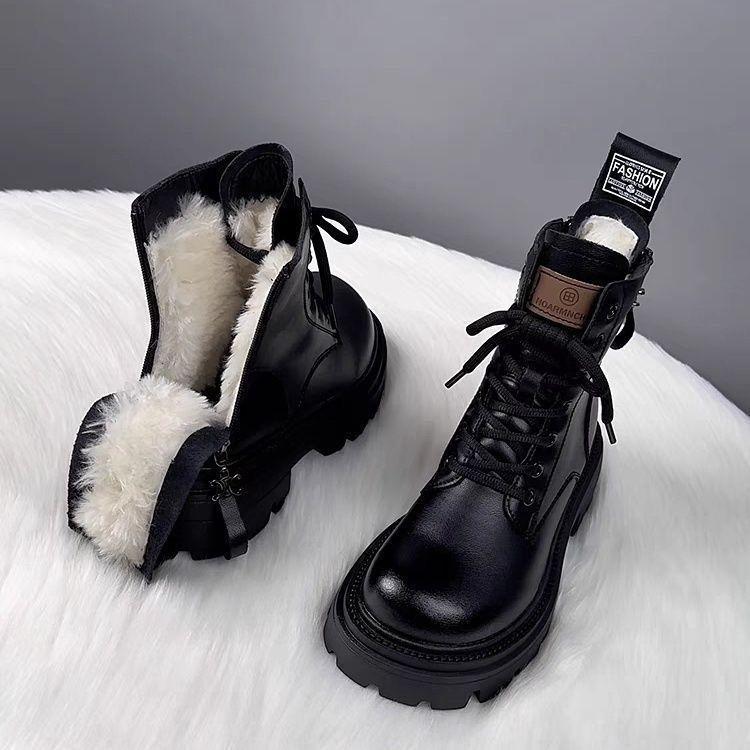 Winter Women Snow Boots Female Shoes Footwear Boots-Women Plush Round Toe Flat Heel Leather Boots