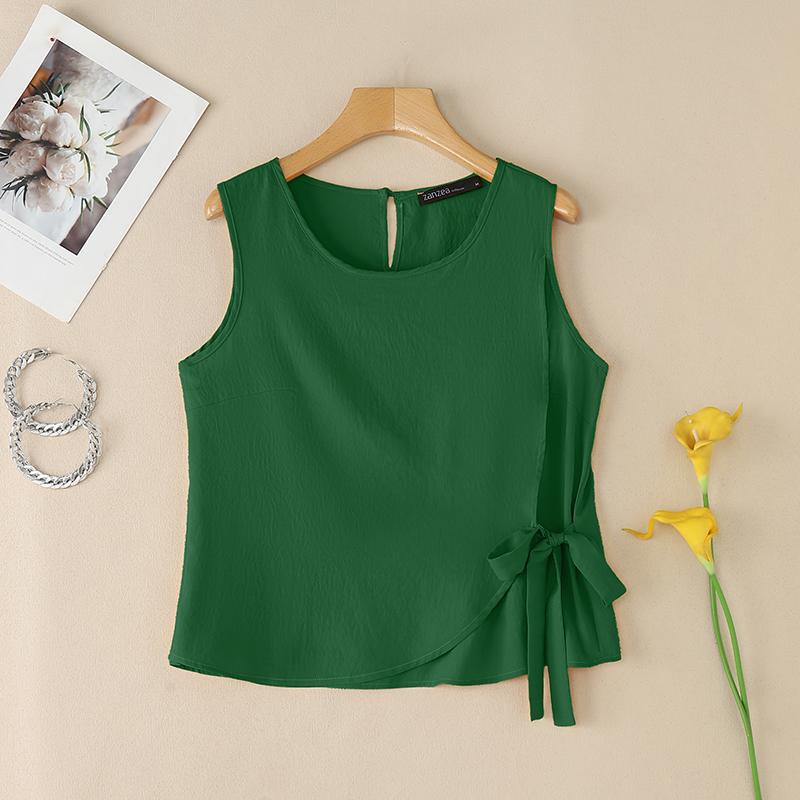 

ZANZEA Женские повседневные майки с круглым вырезом и рукавами на шнуровке 2XL зелёный