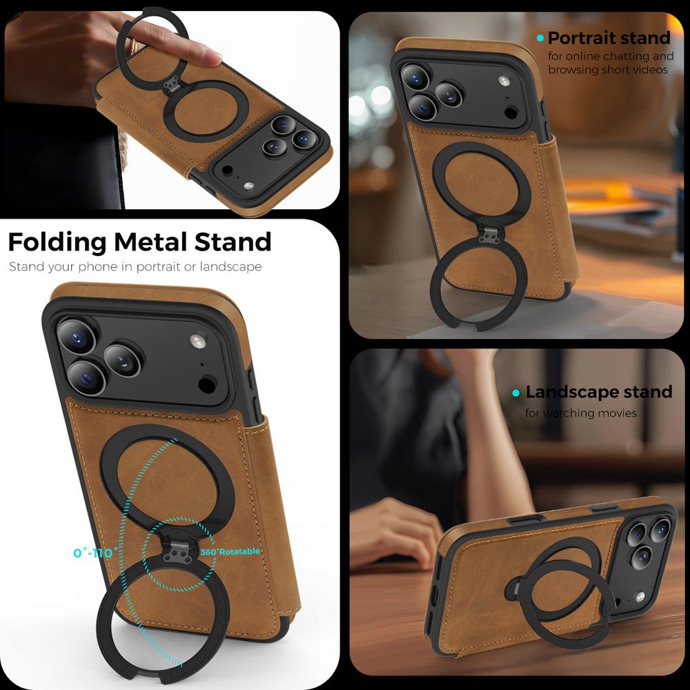 KEYSION Leather Flip Wallet Case for iPhone 15 16 17 Pro Max Air 16Plus 16e Cards Slots Magnetic 360 Ring Stand Phone Back Cover