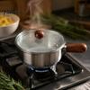 Nonstick Milk Pot with Wooden Handle Instant Noodle Lid And Handle, Stainless Steel Non-Stick Coated Induction Compatible Saucepan for Dorms