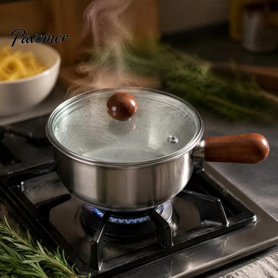 Nonstick Milk Pot with Wooden Handle Instant Noodle Lid And Handle, Stainless Steel Non-Stick Coated Induction Compatible Saucepan for Dorms