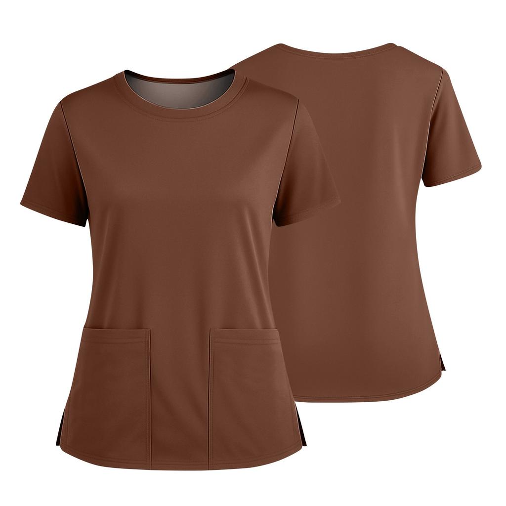 Dámská módní barevná kulatý výstřih kapsa krátký rukáv košile s rozparkem spodní lem uniforma a pracovní top