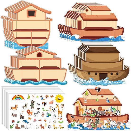 Tenceur 24 Pcs 24 Sets Noah s Ark Sticker Scene Including 24 Pcs Noah s Ark Backgrounds and 24 Sheets Animal Stickers, Sunday School Crafts 24