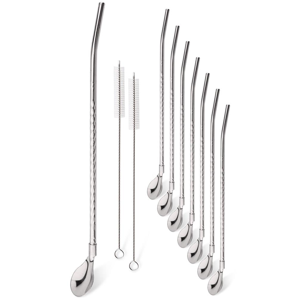 10Pcs Reusable Straw Spoon Stainless Steel Metal Silver Straw Cocktail Drinking Straw Spoon Milk Bar Coffee Stirring Accessory серебряный