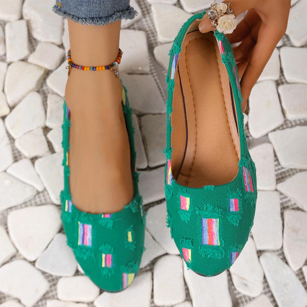 Fashion Flat-bottomed Comfortable Canvas Shoes Women's Spring and Autumn Rainbow Color Matching Decorative Shallow-mouth Low-top Shoes