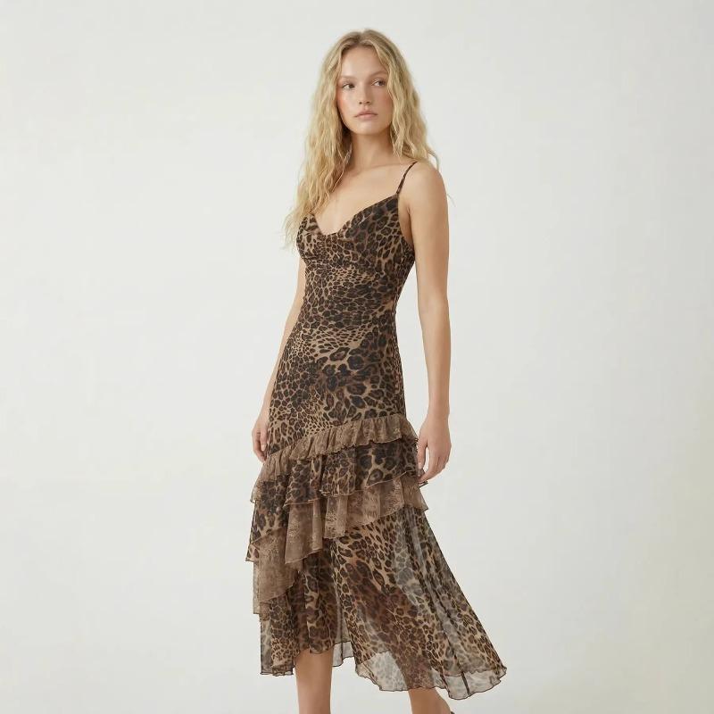 

Beautiful leopard print dress, women s summer perspective suspender, Spice girl backless ruffle edge long dress, vacation wear mesh skirt XL леопард друку кольору