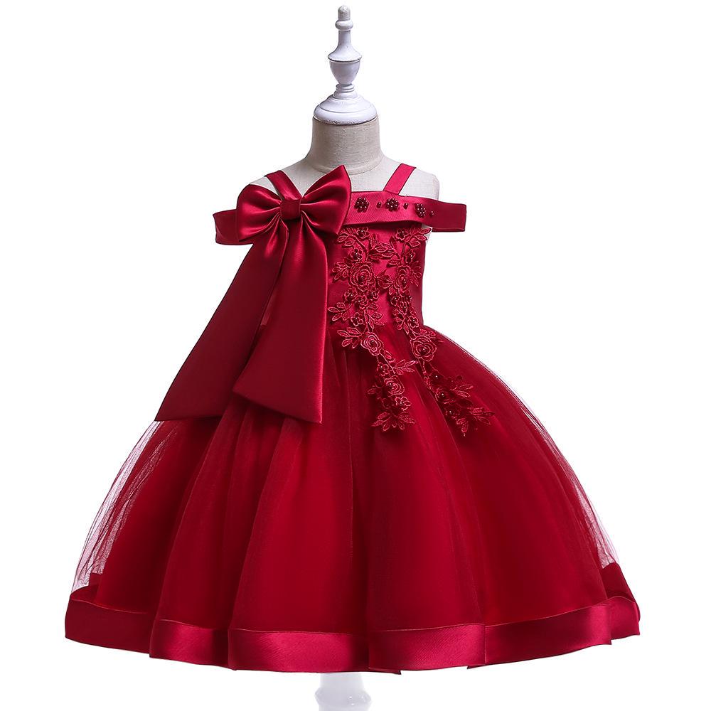 3-10 Years Kids Christmas Party Dresses For Girls Appliques Flower Elegant Wedding Dress With Bow Children Birthday Prom Gown