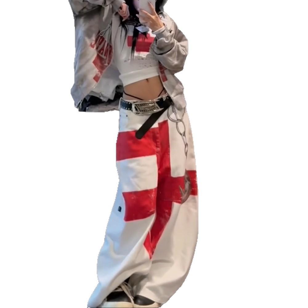 Maßgeschneiderte Unisex Streetwear Weiße Jeans mit weitem Bein und Kettenprint