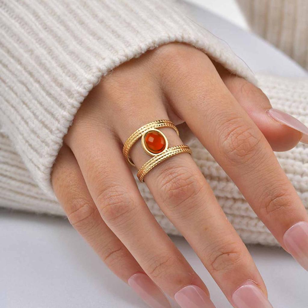 Waterproof Stainless Steel Rings for Women, Double Layered Open Adjustable Oval Nature Stone Bohemian Stylish Fashion Jewelry