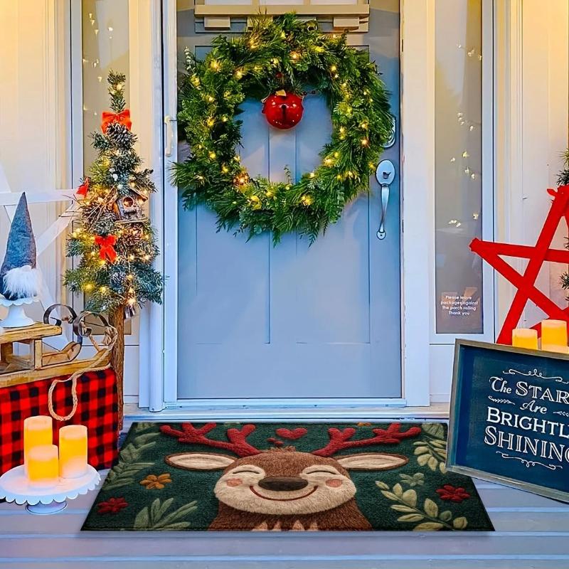1/2 Christmas Reindeer Door Mat Anti-Slip Entrance Carpet Comfortable Winter Bathroom Kitchen Floor Mat Home Decoration