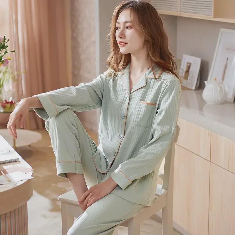 Premium 100% Cotton Women's Pajamas: Sweet, Casual Long-Sleeve Cardigan Set for Spring, Summer, and Autumn