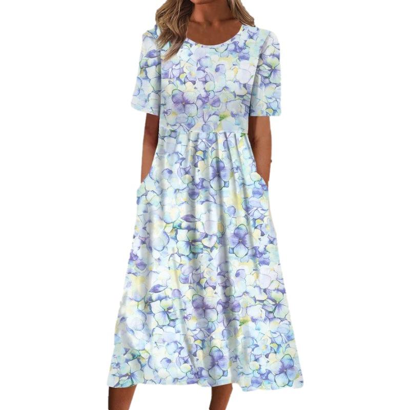 Casual O Neck Pockets Printed Loose Dresses for Women Plus Size Summer New Short Sleeve Women's Dress Fashion Elegant Vintage Floral Long Dress 3364