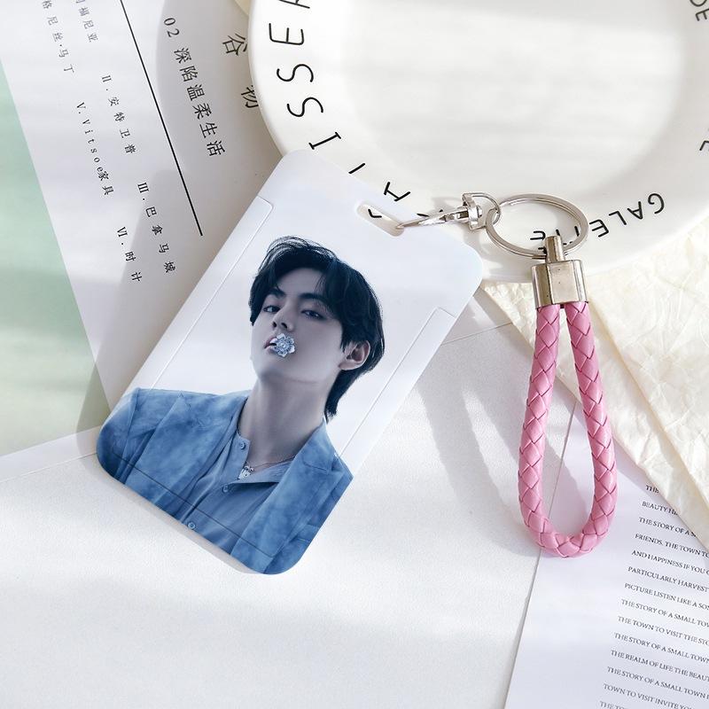 BTS Sliding Photocard Holder, Protective ID Badge Card Case with Braided Keychain Strap, Student Campus Bus Meal Card Protector Merch for ARMY